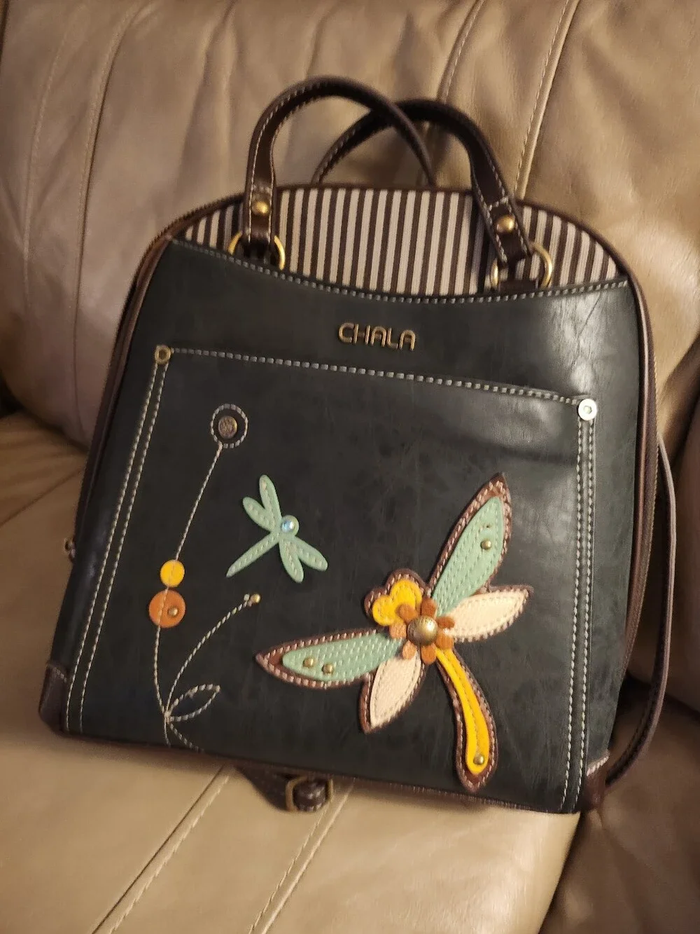 Chala BlueHandbag/ Backpack with Colorful Dragonfly Appliqué